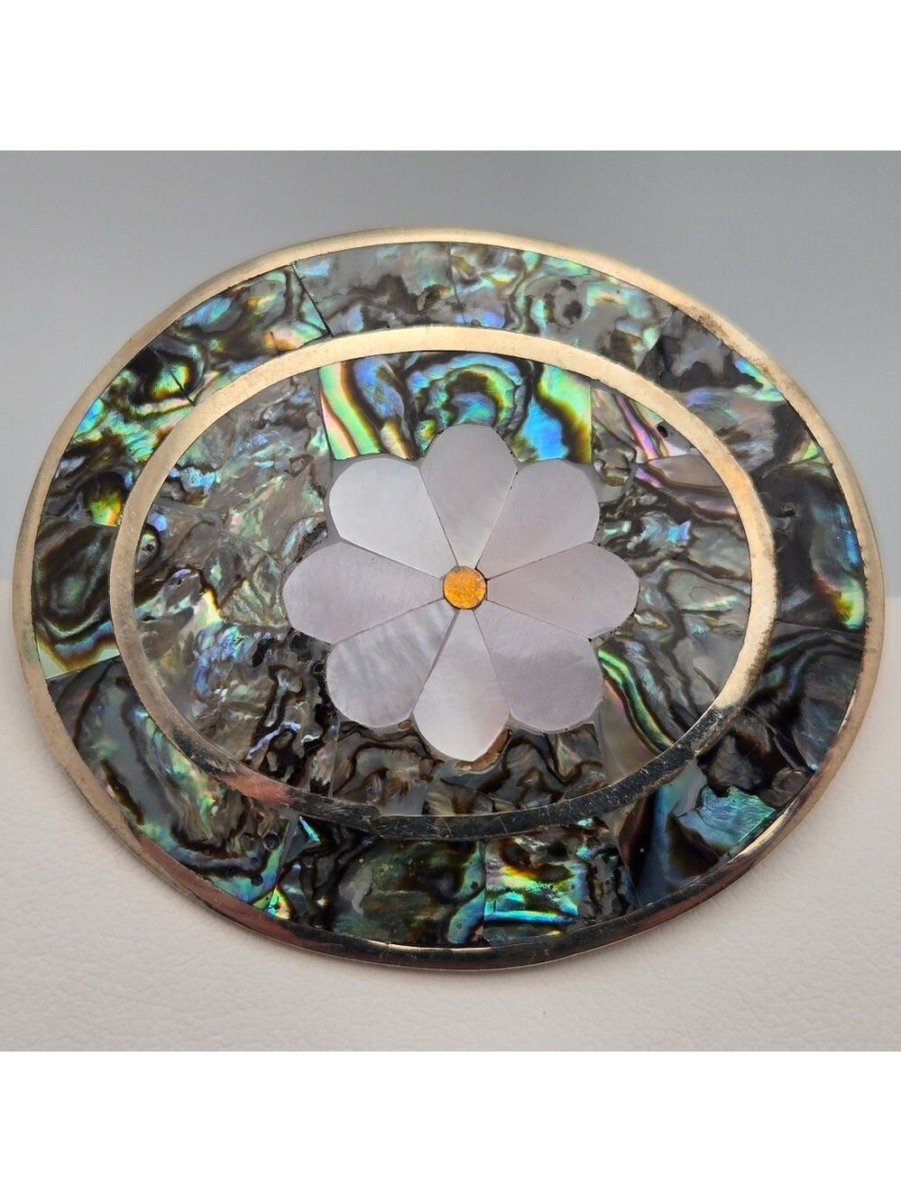 Vintage Mexican Alpaca Silver Abalone & Mother of Pearl Floral Brooch